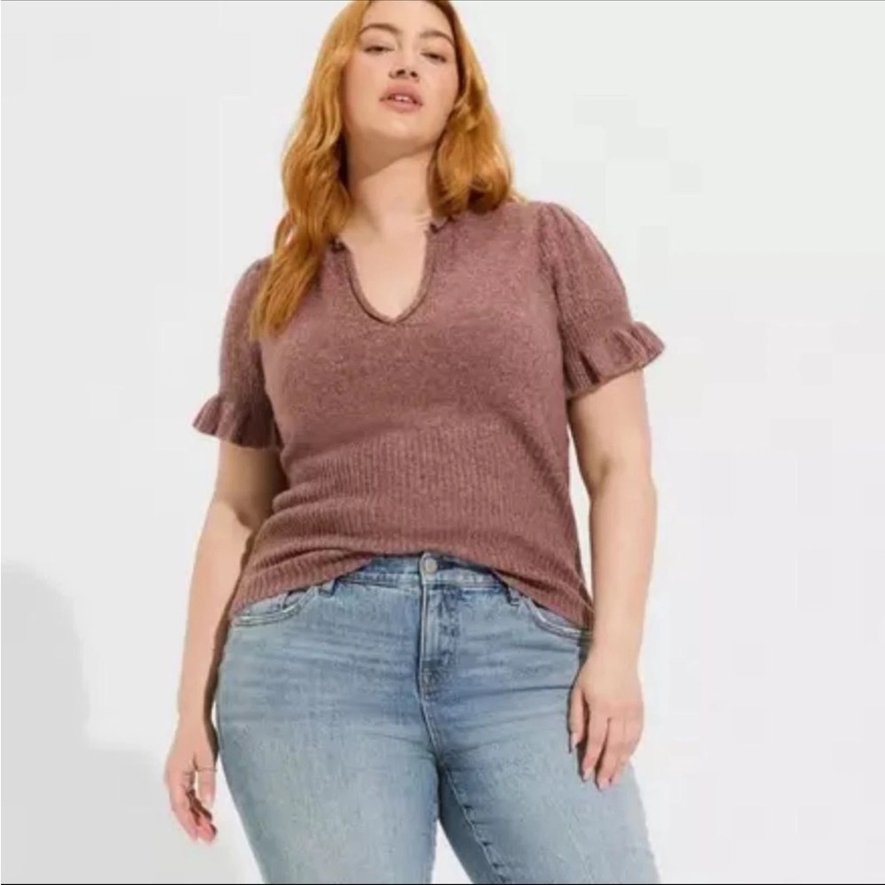 Torrid Sweater Womens SZ 5X Rose Taupe Vegan Cashmere V Neck Ruffle Elbow Sleeve